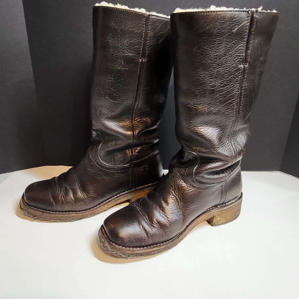 Frye Brown Leather Shearling Mid-Calf campus Boot